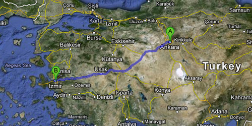 Map of Ankara to Izmir